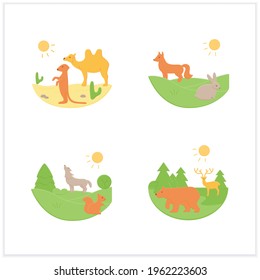 Biodiversity flat icons set. Consists of desert, grassland,temperate forest, taiga forest ecosystems. Biodiversity concept. 3d vector illustrations