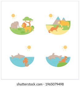 Biodiversity flat icons set. Consists of desert, savana, tundra, freshwater, marine ecosystems. Biodiversity concept. 3d vector illustrations