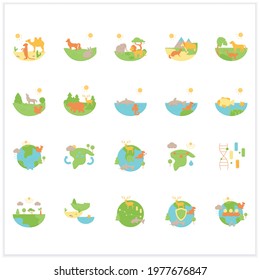 Biodiversity flat icons set. Consists of desert, grassland, tundra, freshwater, rainforest, coral reef, ecosystem icons. Biodiversity concept. 3d vector illustrationsd