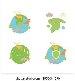 Biodiversity flat icons set. Ecosystem balance,protection, loss. Biodiversity concept. 3d vector illustrations