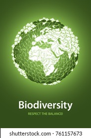 Afiche mundial sobre biodiversidad con un mensaje ecológico y verde, centrado en Europa y África.