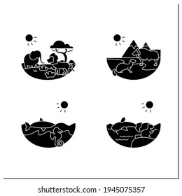 Biodiversity glyph icons set. Consists of desert, savana, tundra, freshwater, marine ecosystems. Biodiversity concept.Filled flat signs. Isolated silhouette vector illustrations