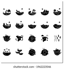 Biodiversity glyph icons set. Consists of desert, grassland, tundra, freshwater, rainforest, coral reef, ecosystem icons. Biodiversity concept.Filled flat sign. Isolated silhouette vector illustration