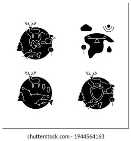 Biodiversity glyph icons set. Ecosystem balance,protection, loss. Biodiversity concept.Filled flat signs. Isolated silhouette vector illustrations