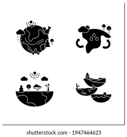 Biodiversity glyph icons set.Reduce air pollution. Fighting global warming. Saving flora and fauna.Species diversity ecosystem icons.Filled flat signs. Isolated silhouette vector illustrations