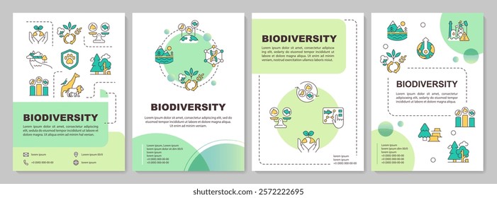 Biodiversity green circle brochure template. Causes of biodiversity loss. Ecosystems. Leaflet design with linear icons. Editable 4 vector layouts