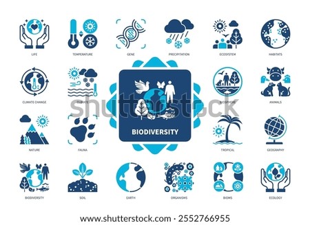 Biodiversity icon set. Temperature, Precipitation, Habitats, Climate, Organisms, Animals, Life, Soil. Duotone color solid icons