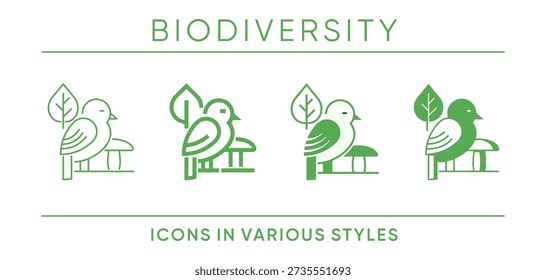 Biodiversity icon in various graphic styles. Immense variety of all living things on Earth, encompassing the diversity of species, genetic variations within them, and the complex ecosystems they form