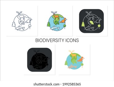 Biodiversity icons set.Variety,life variability on Earth. Different animals,plants kinds. Underwater ecosystem.Collection of icons in linear, filled, color styles.Isolated vector illustrations