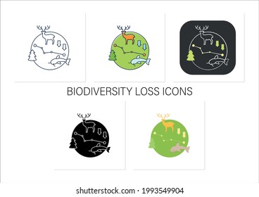 Biodiversity icons set.Variety,life variability on Earth. Different animals,plants kinds. Underwater ecosystem.Collection of icons in linear, filled, color styles.Isolated vector illustrations 