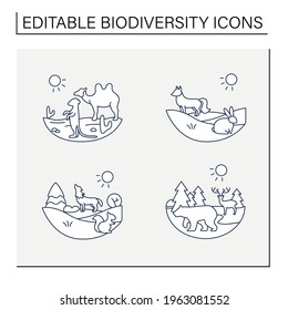 Biodiversity line icons set. Consists of desert, grassland,temperate forest, taiga forest ecosystems. Biodiversity concept. Isolated vector illustrations.Editable stroke