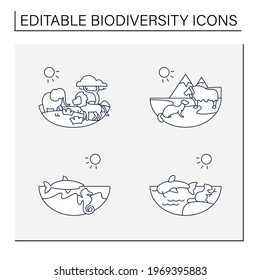 Biodiversity line icons set. Consists of desert, savana, tundra, freshwater, marine ecosystems. Biodiversity concept. Isolated vector illustrations.Editable stroke