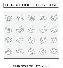 Biodiversity line icons set. Consists of desert, grassland, tundra, freshwater, rainforest, coral reef, ecosystem icons. Biodiversity concept. Isolated vector illustrations.Editable stroke