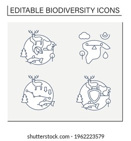 Biodiversity line icons set. Ecosystem balance,protection, loss. Biodiversity concept. Isolated vector illustrations.Editable stroke