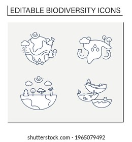 Biodiversity line icons set.Reduce air pollution. Fighting global warming. Saving flora and fauna.Species diversity ecosystem icons.Biodiversity concept.Isolated vector illustrations.Editable stroke