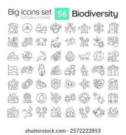 Biodiversity linear icons set. Species diversity. Ecosystem services. Environmental threats, food chains. Customizable thin line symbols. Isolated vector outline illustrations. Editable stroke