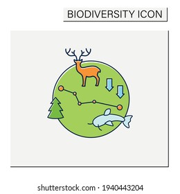 Biodiversity loss color icon.Losing different kinds flora,fauna.Disappearance species can disrupt ecosystems,make more fragile.Ecosystem protection concept.Isolated vector illustration