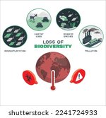 Biodiversity loss issues or causes as climate ecosystem problem outline set. Wildlife extinction from habitat loss, invasive species, overexploitation, global warming and pollution vector illustration