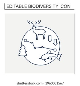 Biodiversity loss line icon.Losing different kinds flora,fauna.Disappearance species can disrupt ecosystems,make more fragile.Ecosystem protection concept.Isolated vector illustration.Editable stroke