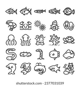 Biodiversity marine life seafood icon set