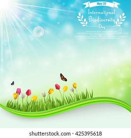 Biodiversity meadow background with tulip flowers and butterflies.Vector