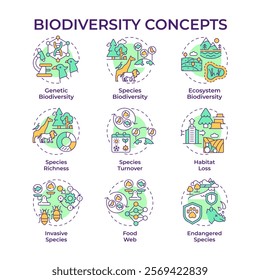 Biodiversity multi color concept icons. Ecological balance. Habitat loss issues. Biological diversity types. Wildlife. Icon pack. Vector images. Round shape illustrations. Abstract idea