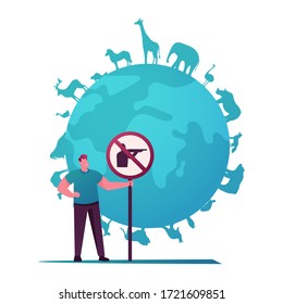 Biodiversität und Vielfalt, Planet-Konzept speichern. Eco-Aktivist männliche Charaktere, die Jagd Verbot Unterschrift Tafel stehen vor der Erde-Globus mit verschiedenen Tieren Gewürze. Cartoon-Vektorgrafik