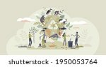 Biodiversity and natural species environmental protection tiny person concept. Climate action, forestation and recycling awareness to save animal extinction because of habitat loss vector illustration