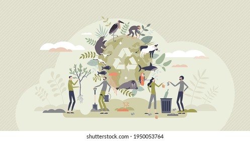 Biodiversity and natural species environmental protection tiny person concept. Climate action, forestation and recycling awareness to save animal extinction because of habitat loss vector illustration