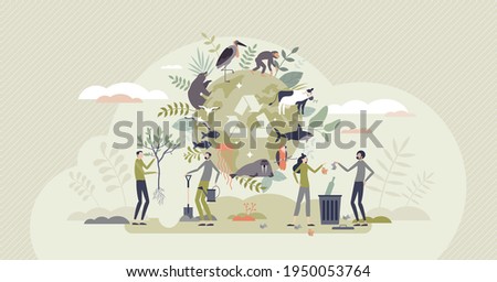 Biodiversity and natural species environmental protection tiny person concept. Climate action, forestation and recycling awareness to save animal extinction because of habitat loss vector illustration Сток-фото © 