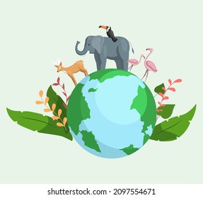 Biodiversity as natural wildlife species or fauna protection concept. Animals on planet, animal shelter, wildlife sanctuary. World environment day on earth planet. Ecology and endangered bio life