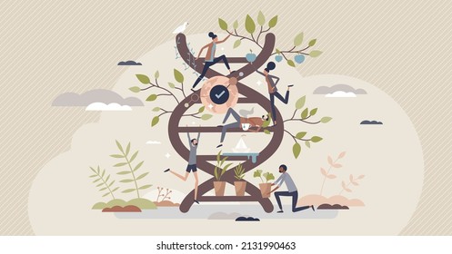 Biodiversity in nature DNA gene variety and flora species tiny person concept. Difference in vegetation cycle and ecological fauna diversity vector illustration. Various plant development cycles. - Shutterstock ID 2131990463
