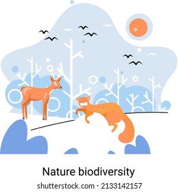 Biodiversity in nature as environment variety of life on Earth planet. Saving wildlife ecosystem concept. Protection and care of flora and fauna, eco friendly human activity, many biological species