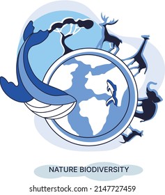 Biodiversity in nature as environment variety of life on Earth planet. Saving wildlife ecosystem metaphor. Protection and care of flora and fauna, eco friendly human activity, many biological species