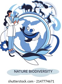 Biodiversity in nature as environment variety of life on Earth planet. Saving wildlife ecosystem metaphor. Protection and care of flora and fauna, eco friendly human activity, many biological species