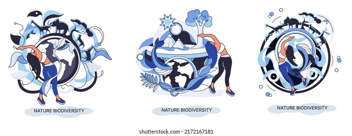 Biodiversity in nature as environment variety of life on Earth planet. Saving wildlife ecosystem metaphor. Protection and care of flora and fauna, eco friendly human activity, many biological species