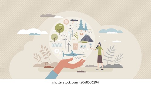 Biodiversity In Nature As Environment Variety Protection Tiny Person Concept. Saving Wildlife Ecosystem With Resources Recycling, Alternative Energy Or Endangered Species Awareness Vector Illustration