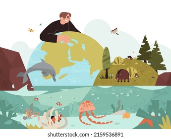 Biodiversity and nature protection flat vector illustration. Ecologyst man protecting different habitat types and biological species of plants, birds, animals and ocean marine life on planet earth.