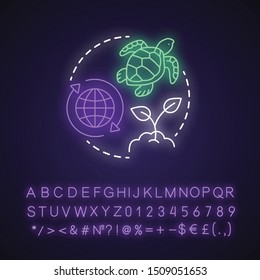 Biodiversity neon light concept icon. Natural ecosystem protection idea. Wild life and marine habitants conservation. Glowing sign with alphabet, numbers and symbols. Vector isolated illustration