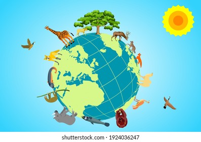 Biodiversity on the planet earth, wild animals and birds on the globe surface, vector concept