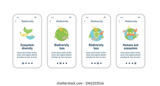 Biodiversity onboarding mobile app screens. Ecosystem diversity, protection, loss, humans. Biodiversity steps menu. Set of UI, UX, web template with RGB color linear icons