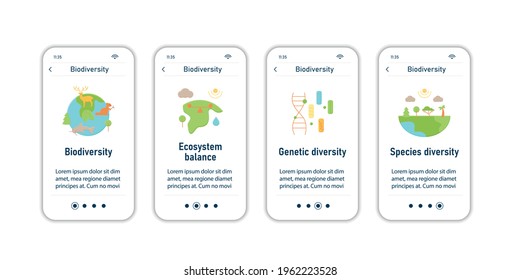 Biodiversity onboarding mobile app screens. Ecosystem balance, genetic diversity, spacies diversity. Biodiversity steps menu. Set of UI, UX, web template with RGB color linear icons