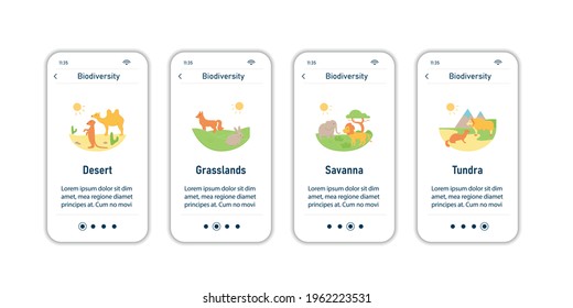 Biodiversity onboarding mobile app screens. Consists of desert, grassland, savanna, tundra. Biodiversity steps menu. Set of UI, UX, web template with RGB color linear icons