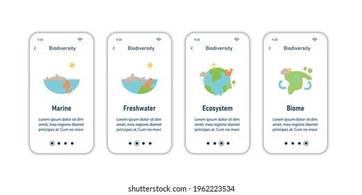 Biodiversidad a bordo de pantallas de aplicaciones móviles. Marina, agua dulce, ecosistema, bioma. Menú de pasos de la biodiversidad. Conjunto de UI, UX, plantilla web con iconos lineales de color RGB