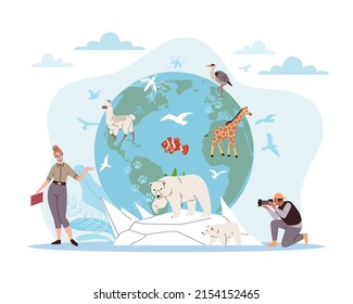 Biodiversity of planet. Conservation of fauna, different animals, birds and insects on earth, nature reserve workers and biologists, balance in environment, vector cartoon flat concept