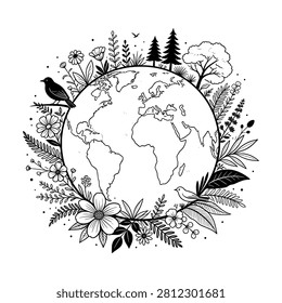 Biodiversity Planet icon highlighting the interconnected relationship between humans, ecosystems, forests, wildlife, and sustainable living.