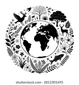 Biodiversity Planet icon highlighting the interconnected relationship between humans, ecosystems, forests, wildlife, and sustainable living.