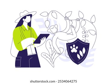 Biodiversity protection abstract concept vector illustration. Ecology manager deals with habitat research, fauna diversity studying, environmental problem prevention abstract metaphor.