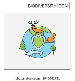 Biodiversity protection color icon.Limiting deforestation.Reduce air pollution.Fighting global warming. Saving flora and fauna.Ecosystem protection concept. Isolated vector illustration