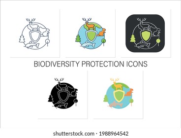 Biodiversity protection icons set.Limiting deforestation.Reduce air pollution.Saving flora and fauna.Ecosystem.Collection of icons in linear, filled, color styles.Isolated vector illustrations 